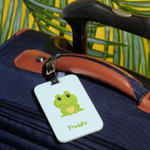 Cute green frog on blue luggage tag