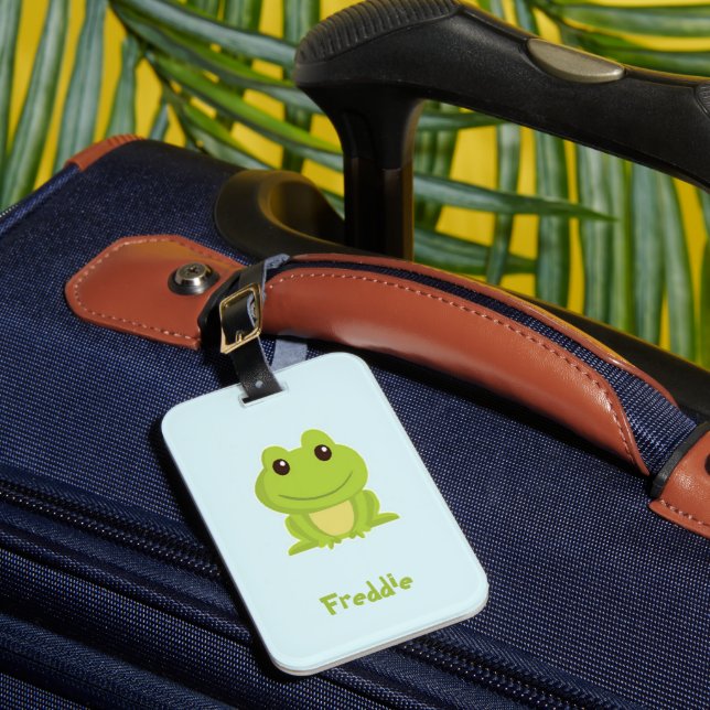 Cute green frog on blue  luggage tag (Front Insitu 1)