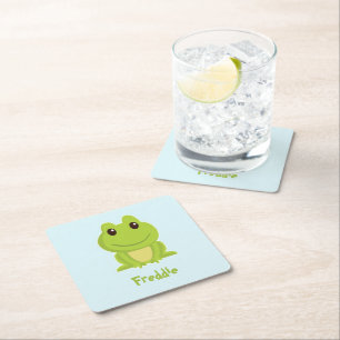 Cute green frog on blue square paper coaster