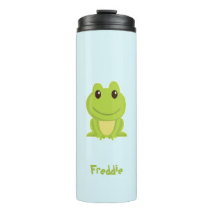 Cute green frog on blue thermal tumbler
