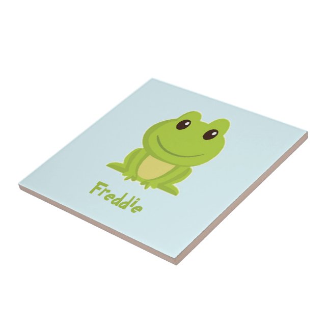 Cute green frog on blue  tile (Side)