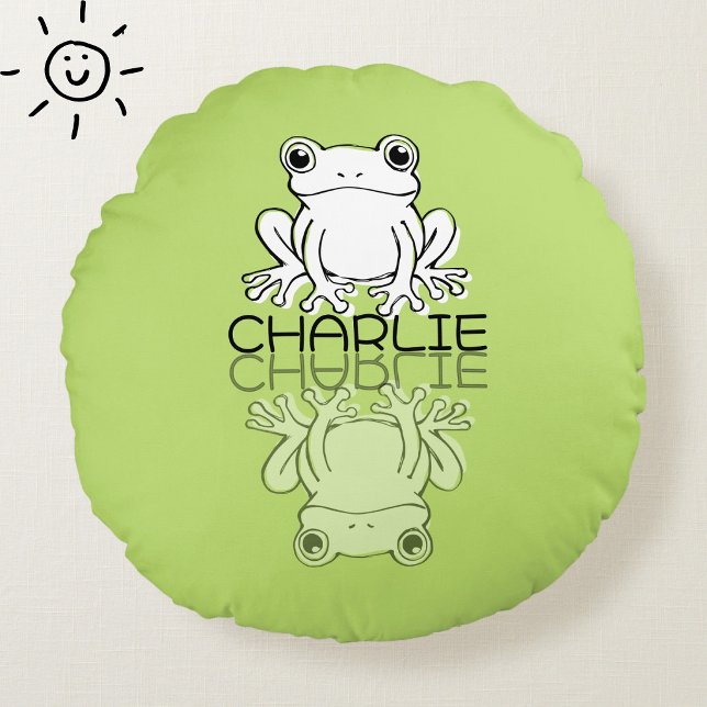 Cute Green Frog Reflection Doodle Custom Name  Round Pillow (Creator Uploaded)