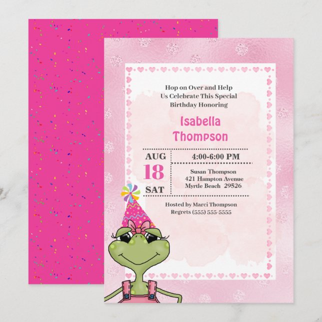 Cute Green Frog Rose Anniversaire Invitation (Devant / Derrière)