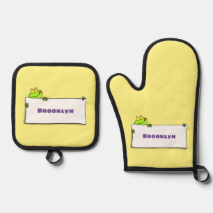 Cute green frog sign cartoon illustration oven mitt & pot holder set