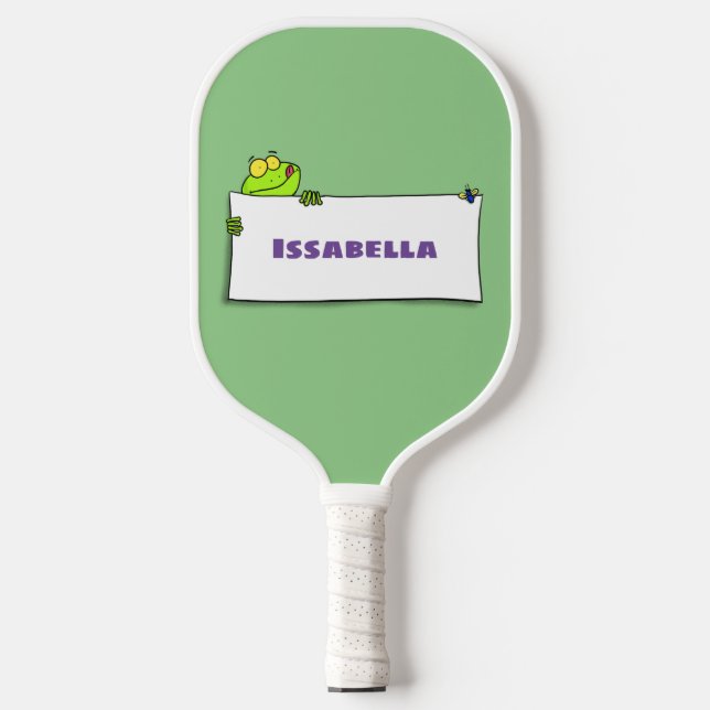 Cute green frog sign cartoon illustration pickleball paddle (Front)