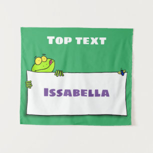 Cute green frog sign cartoon illustration  tapestry