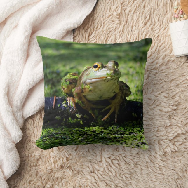 Cute Green Frog Strikes a Pose on the Hose Throw Pillow (Blanket)