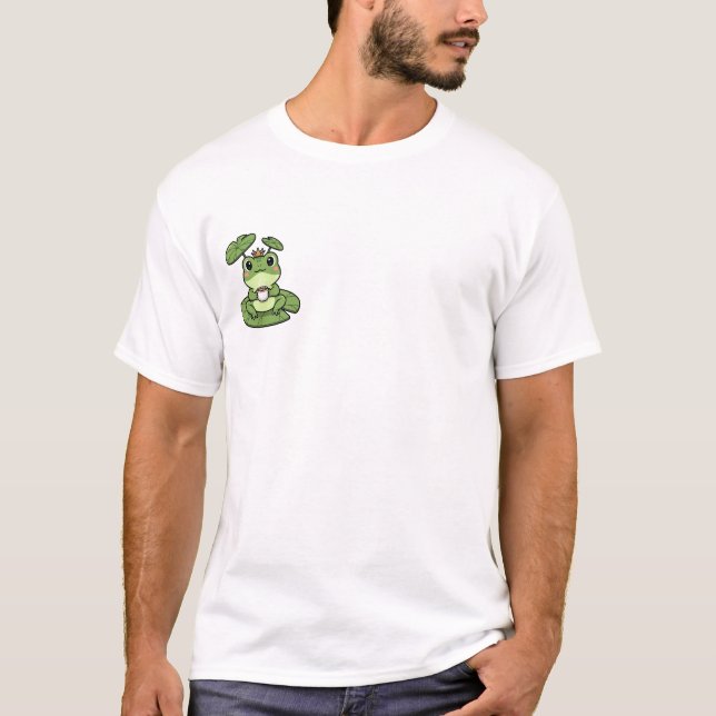Cute Green Frog Wearing Crown Drinking Coffee T-Shirt (Front)