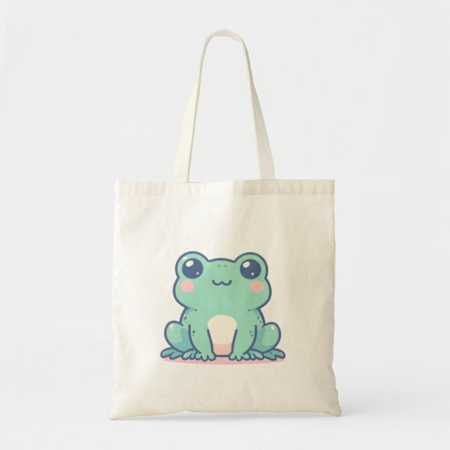 Cute Green Frog with Blush and Big Eyes Tote Bag (Front)