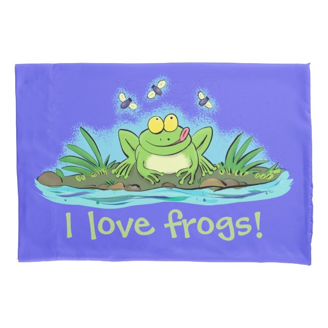 Cute green frog with flies cartoon pillow case (Front)