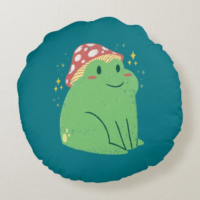 Cute Green Frog with Mushroom Hat Round Pillow (Back)