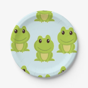 Cute green frogs on blue paper plate