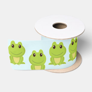 Cute green frogs on blue satin ribbon