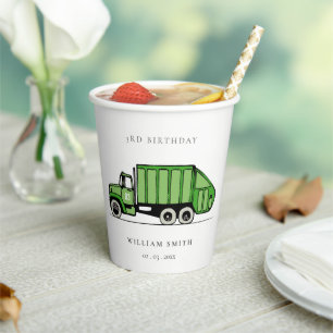 Cute Green Garbage Truck Kids Any Age Birthday Paper Cups