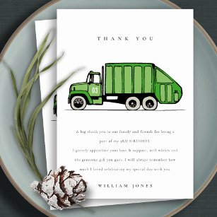 Cute Green Garbage Truck Kids Any Age Birthday  Thank You Card