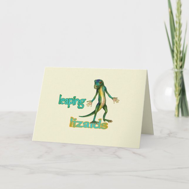 Cute Green Gecko Leaping Lizards Typography Card (Front)
