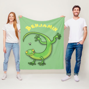 Cute green gecko lizard cartoon illustration fleece blanket