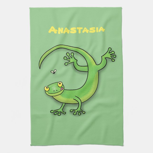 Cute green gecko lizard cartoon illustration kitchen towel (Vertical)
