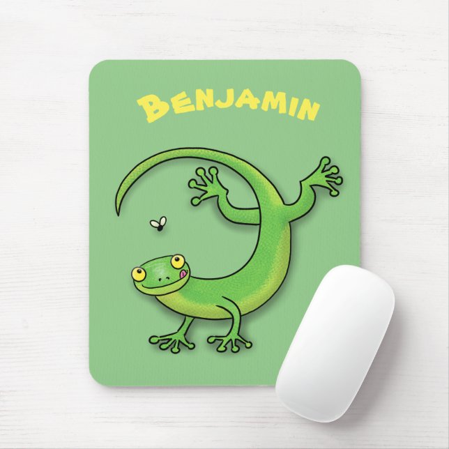 Cute green gecko lizard cartoon illustration mouse pad (With Mouse)
