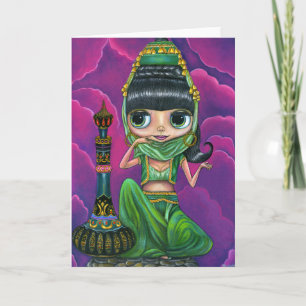 Cute Green Genie Girl Big Eyes Doll Magic Bottle Card