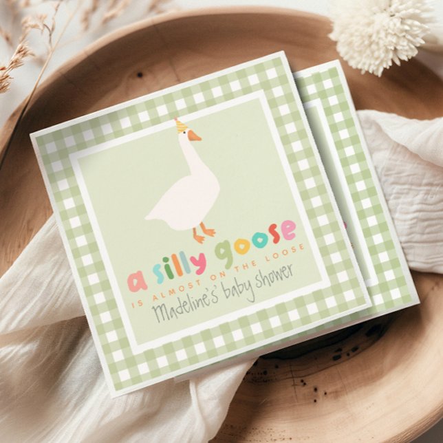 Cute Green Gingham Neutral Silly Goose Baby Shower Napkin (Creator Uploaded)