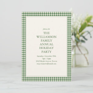 Cute Green Gingham Plaid Christmas Holiday Party Invitation