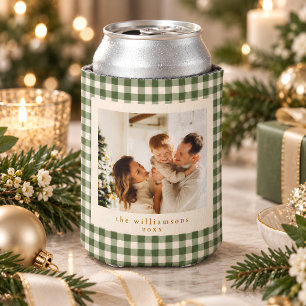 Cute Green Gingham Plaid Custom Photo Christmas Can Cooler