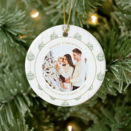 Cute Green Gingham Plaid Custom Photo Christmas Ceramic Ornament