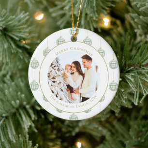 Cute Green Gingham Plaid Custom Photo Christmas Ceramic Ornament