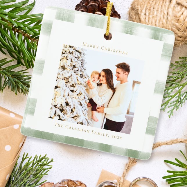 Cute Green Gingham Plaid Custom Photo Christmas Ceramic Ornament (Creator Uploaded)