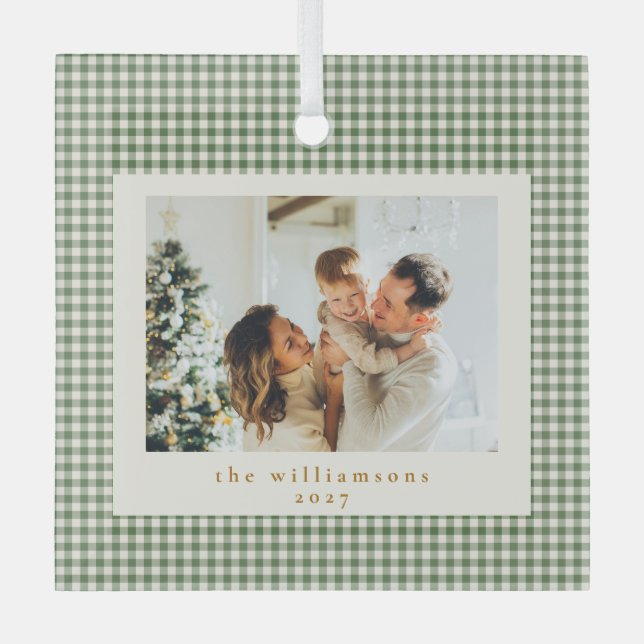 Cute Green Gingham Plaid Custom Photo Christmas Glass Ornament (Front)