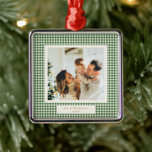 Cute Green Gingham Plaid Custom Photo Christmas Metal Ornament