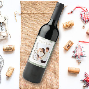 Cute Green Gingham Plaid Custom Photo Christmas Wine Label