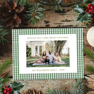 Cute Green Gingham Simple Family Photo Christmas Holiday Card
