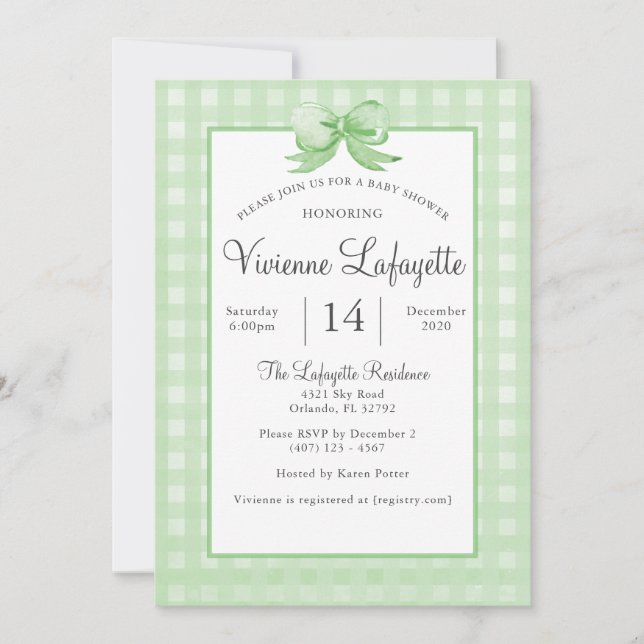 Cute Green Gingham with Bow Baby Shower Invitation (Front)