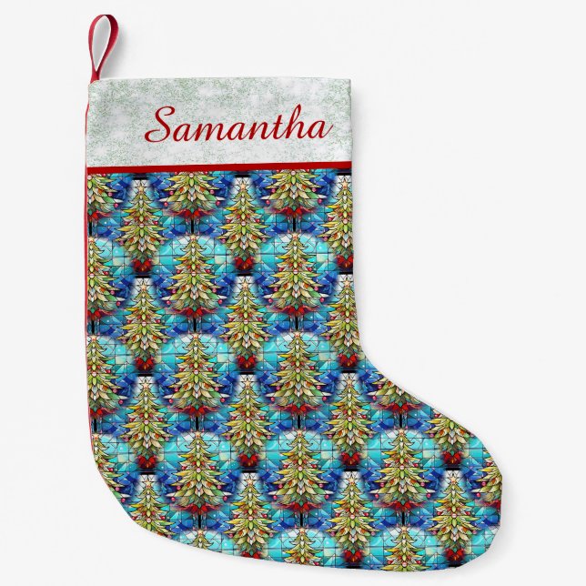 Cute Green Glitter Stained Glass Xmas Tree Pattern Small Christmas Stocking (Front)