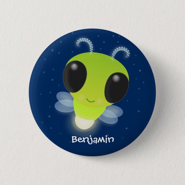Cute green glow bug firefly cartoon illustration 2 inch round button (Front)