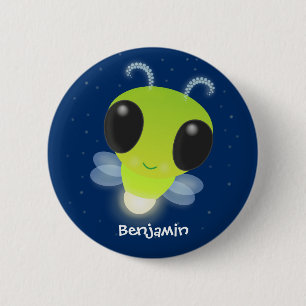 Cute green glow bug firefly cartoon illustration 2 inch round button