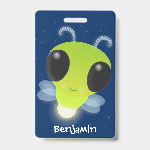 Cute green glow bug firefly cartoon illustration badge
