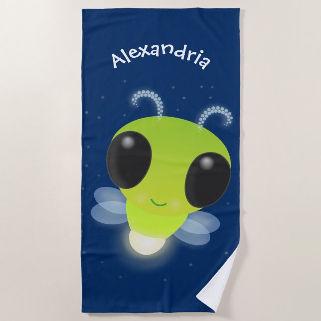 Cute green glow bug firefly cartoon illustration beach towel (Front)