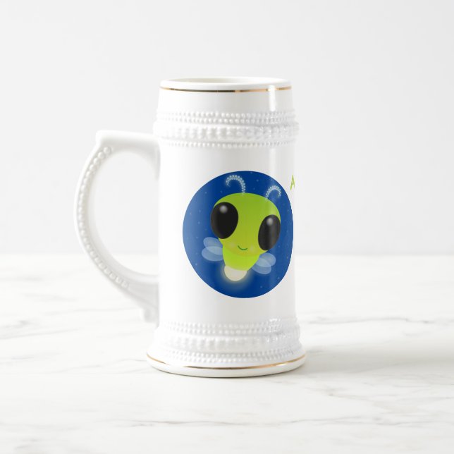 Cute green glow bug firefly cartoon illustration beer stein (Left)