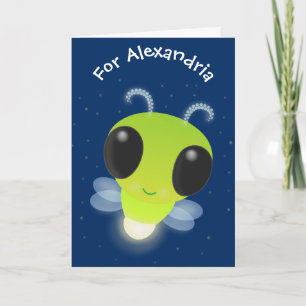 Cute green glow bug firefly cartoon illustration card