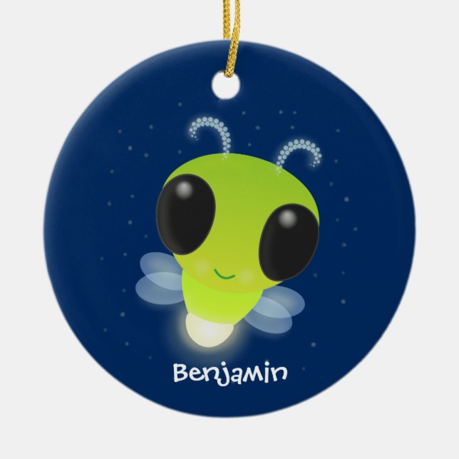 Cute green glow bug firefly cartoon illustration ceramic ornament (Front)