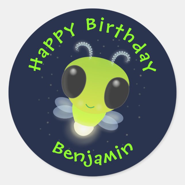 Cute green glow bug firefly cartoon illustration classic round sticker (Front)