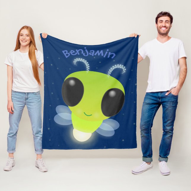 Cute green glow bug firefly cartoon illustration fleece blanket (In Situ)
