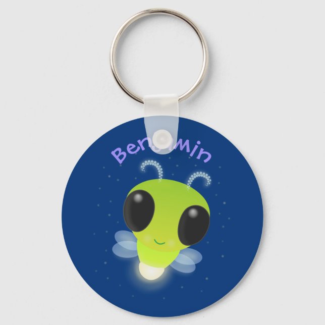 Cute green glow bug firefly cartoon illustration keychain (Front)