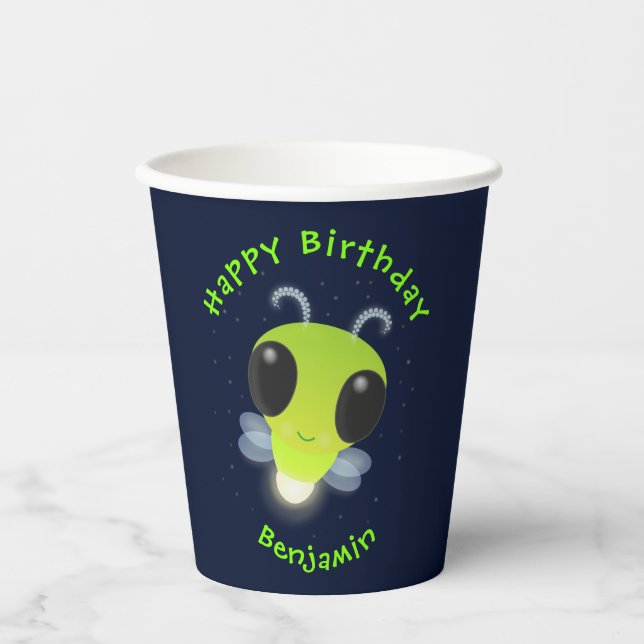 Cute green glow bug firefly cartoon illustration paper cups (Front)