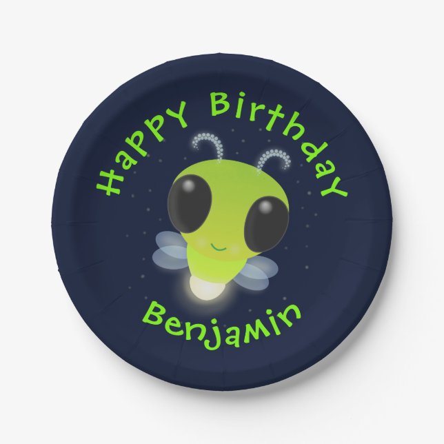 Cute green glow bug firefly cartoon illustration paper plate (Front)