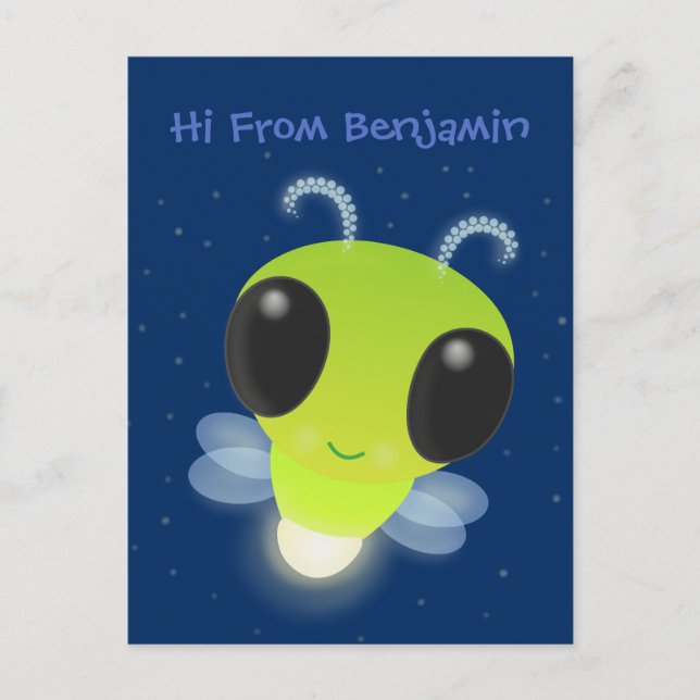 Cute green glow bug firefly cartoon illustration postcard (Front)