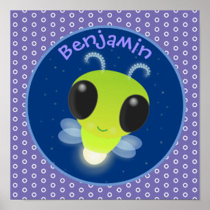 Cute green glow bug firefly cartoon illustration poster